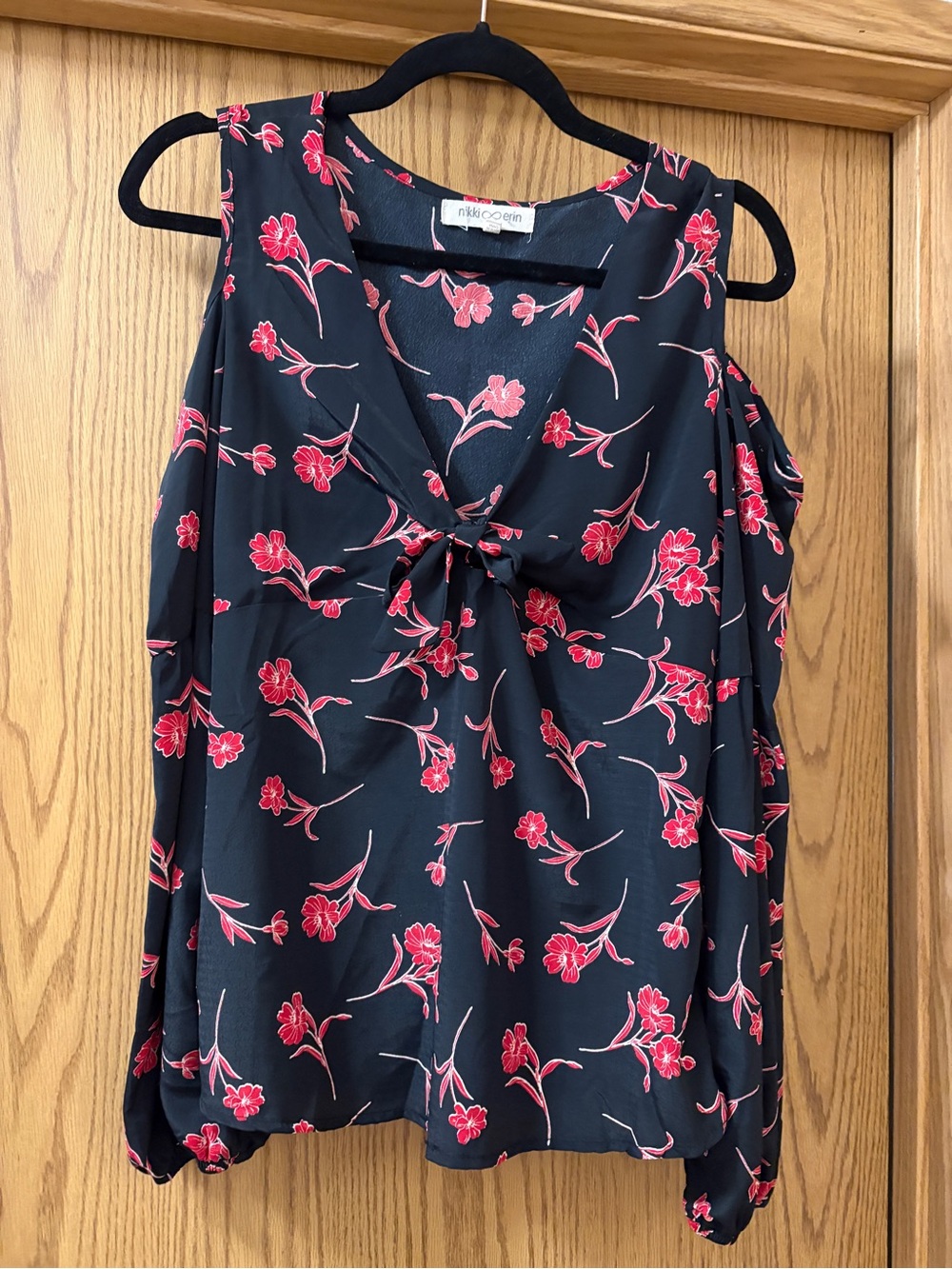 Black Floral Cold-Shoulder Tie-Front Blouse